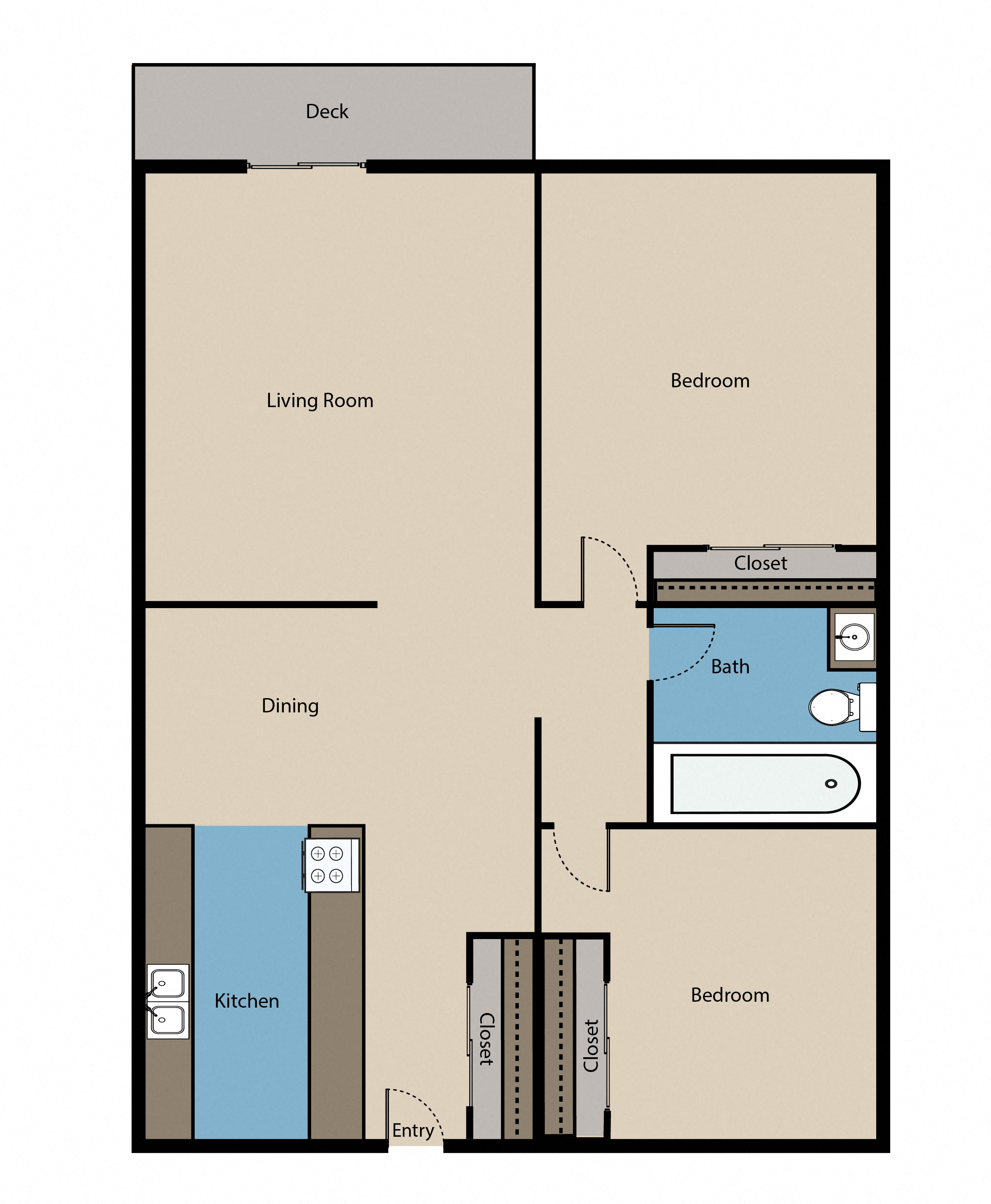 Floor plan for 2 beds, 1 bath, 850 sqft